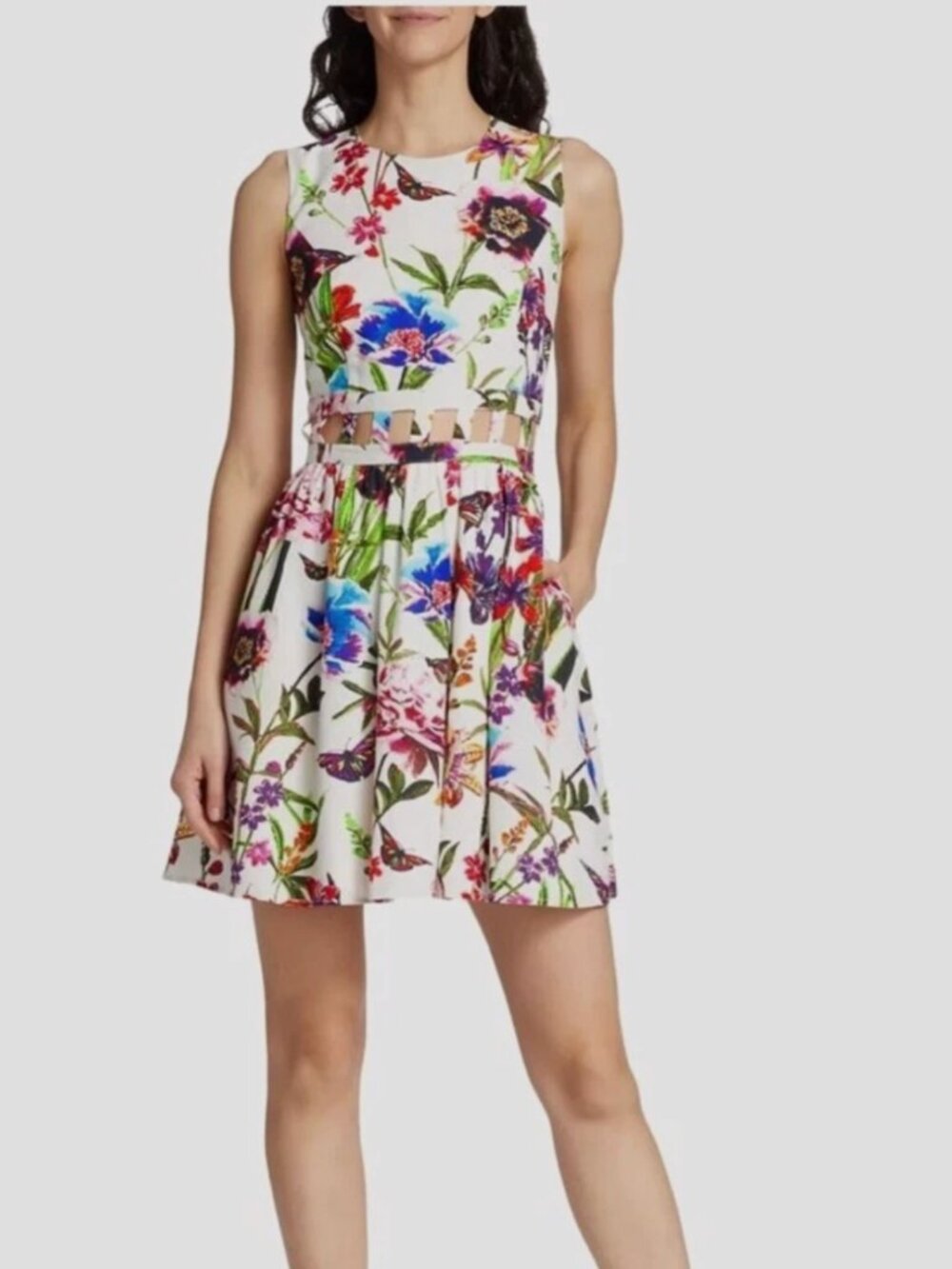 LDT Paris Floral Cotton Linen Mini Dress Size 8 Flared Skirt Cut Outs